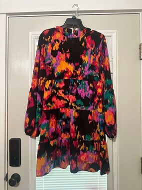 SHEIN Black Multicolor Abstract Tiered Long-Sleeve Dress